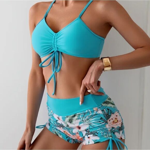 Vibrant Blue High-Waisted Bikini with Halter Neck Tropical Print Size XL NWT - Picture 3 of 4